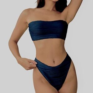 Zaful Blue Bandeau Bikini with Ruched Detailing
